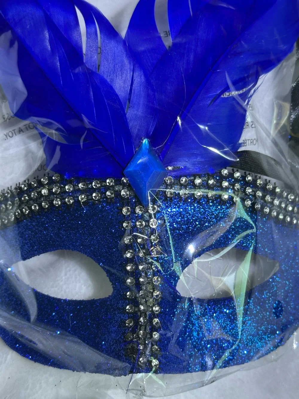 🎭 Blue Glitter Masquerade Mask with Feathers Rhinestones Mardi Gras Costume 🎭